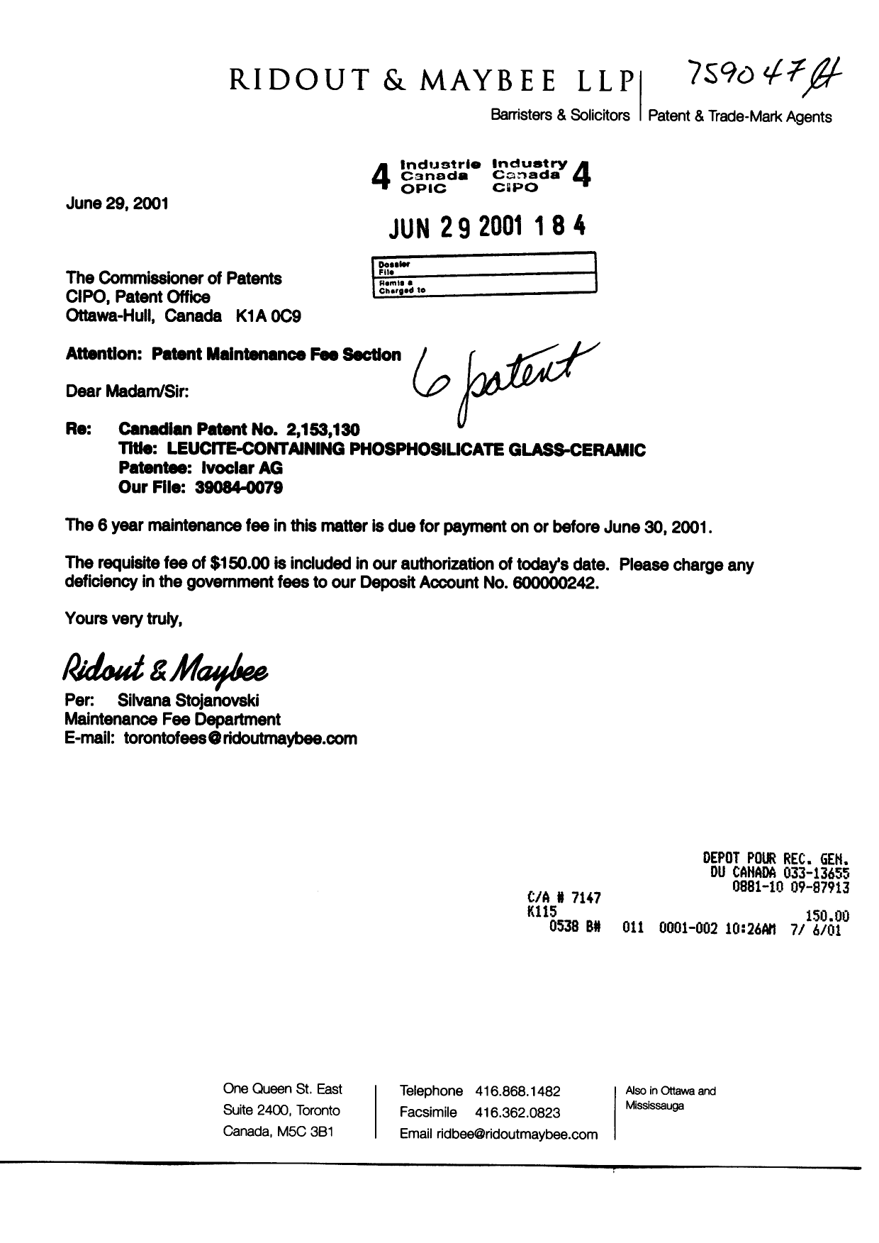 Document de brevet canadien 2153130. Taxes 20010629. Image 1 de 1