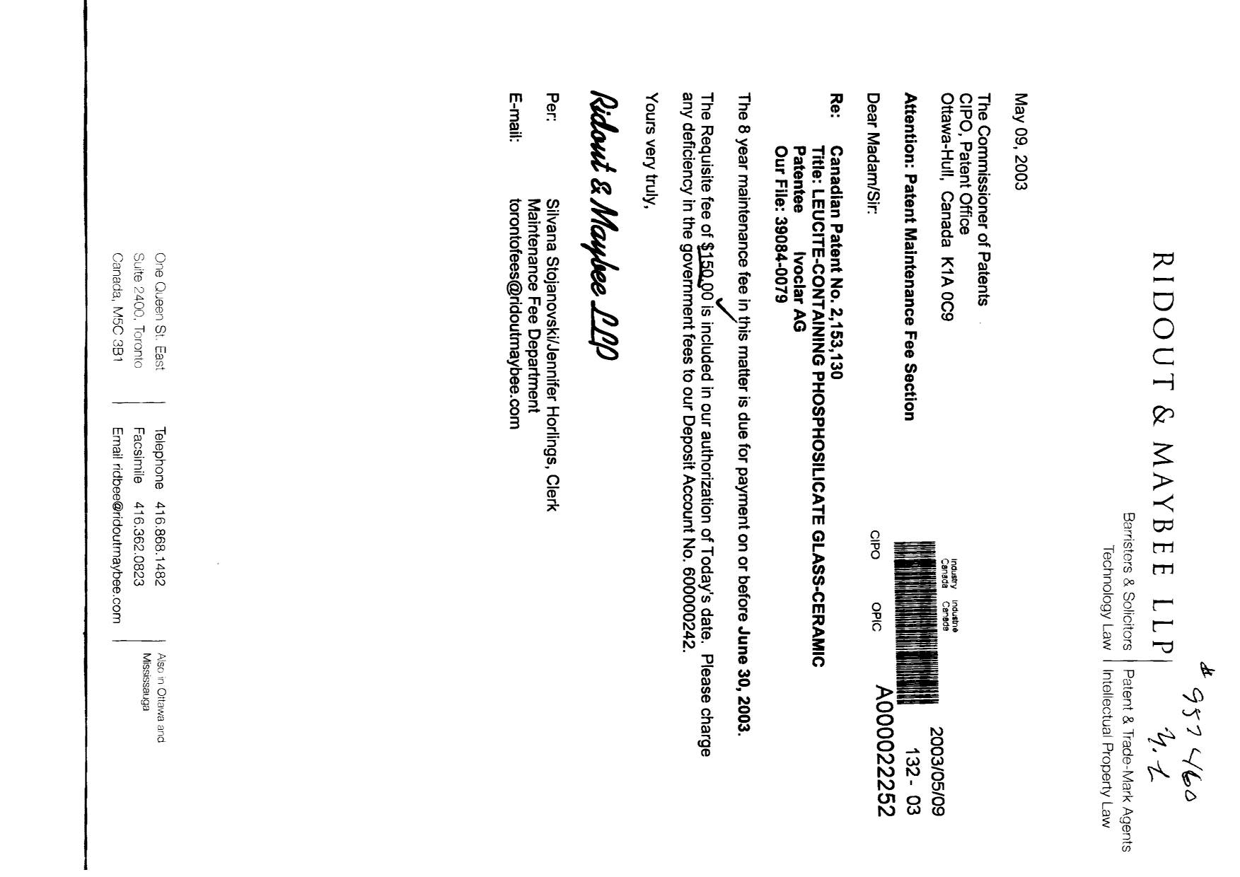 Document de brevet canadien 2153130. Taxes 20030509. Image 1 de 1