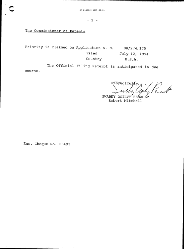 Document de brevet canadien 2153643. Correspondance de la poursuite 19950711. Image 2 de 6