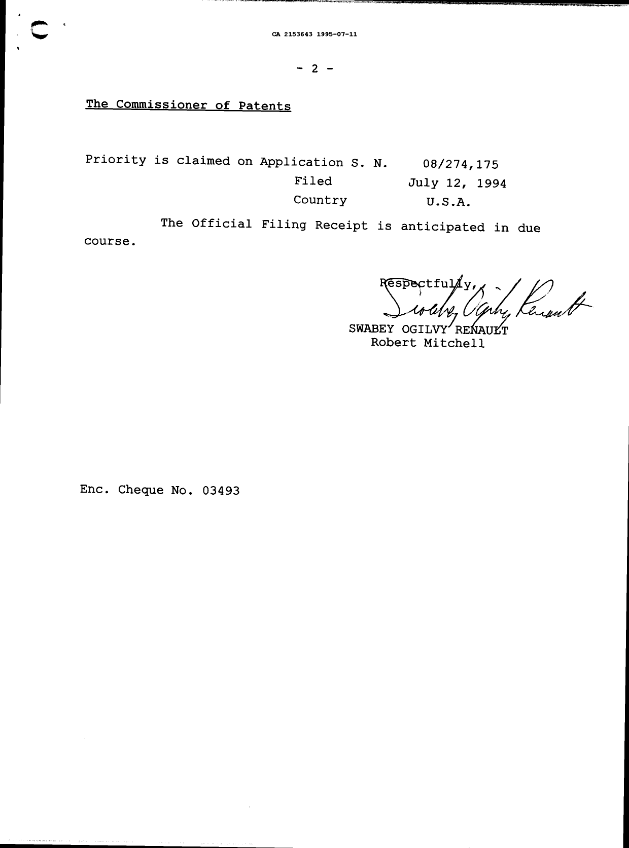Canadian Patent Document 2153643. Prosecution Correspondence 19950711. Image 2 of 6