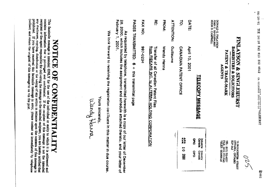 Document de brevet canadien 2154332. Cession 20010410. Image 1 de 7