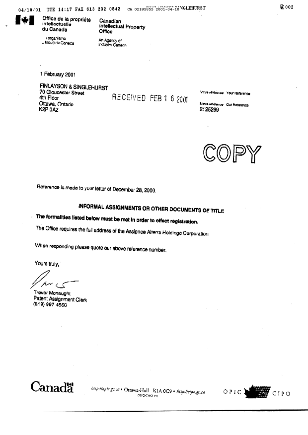 Document de brevet canadien 2154332. Cession 20010410. Image 2 de 7