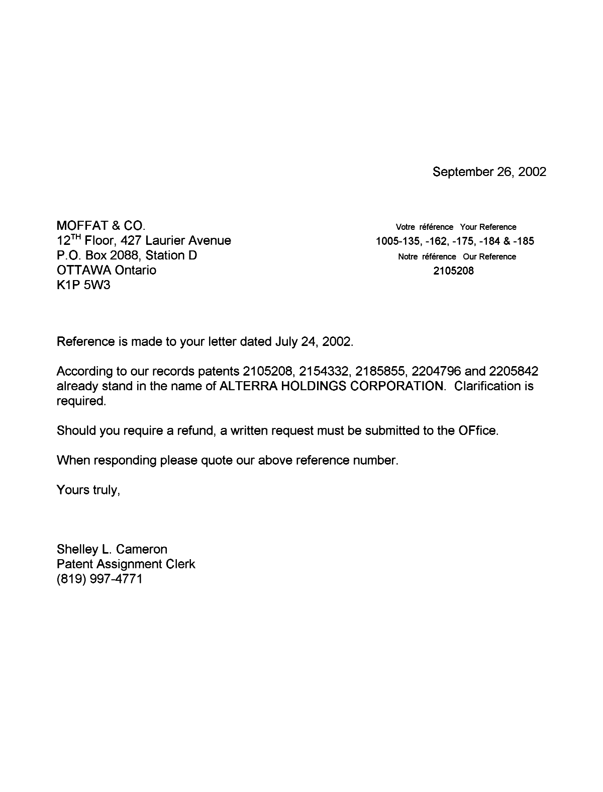Document de brevet canadien 2154332. Correspondance 20020926. Image 1 de 1