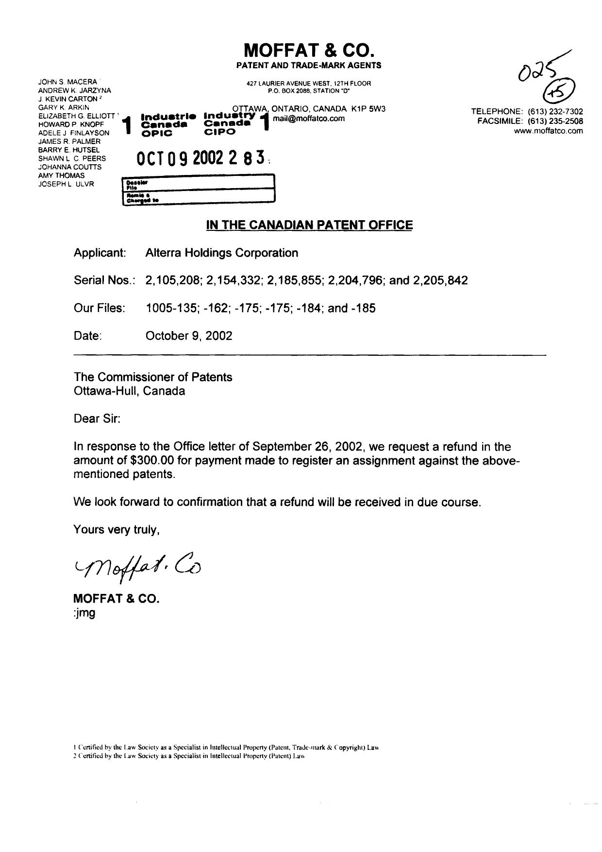 Document de brevet canadien 2154332. Cession 20021009. Image 1 de 1