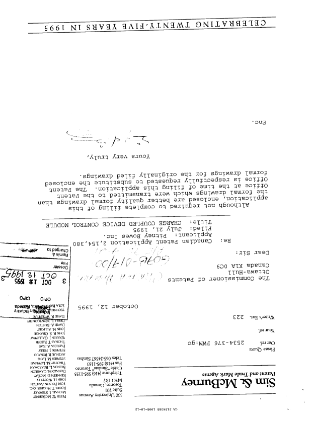 Canadian Patent Document 2154385. Prosecution Correspondence 19951012. Image 1 of 1