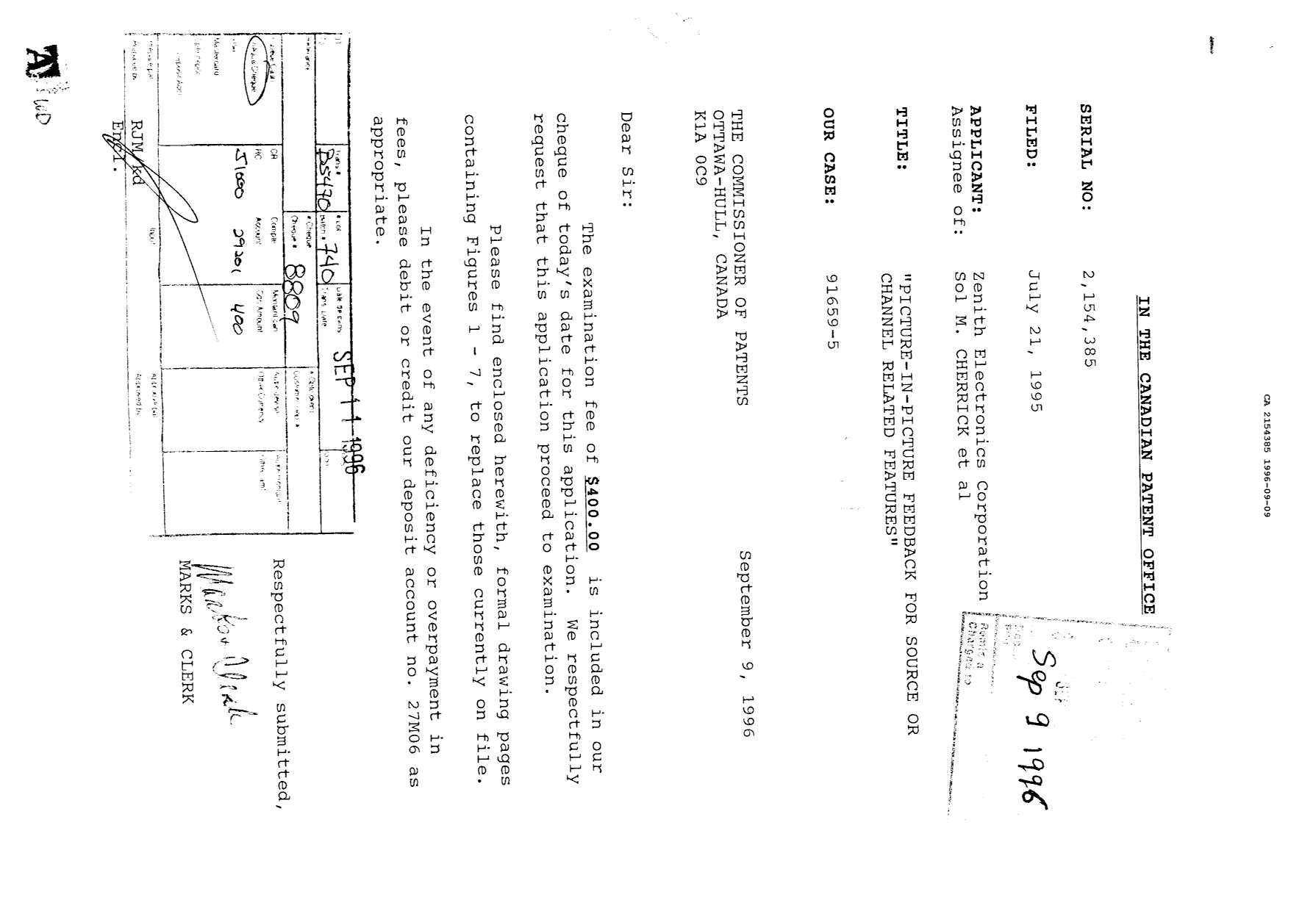 Canadian Patent Document 2154385. Prosecution Correspondence 19960909. Image 1 of 1