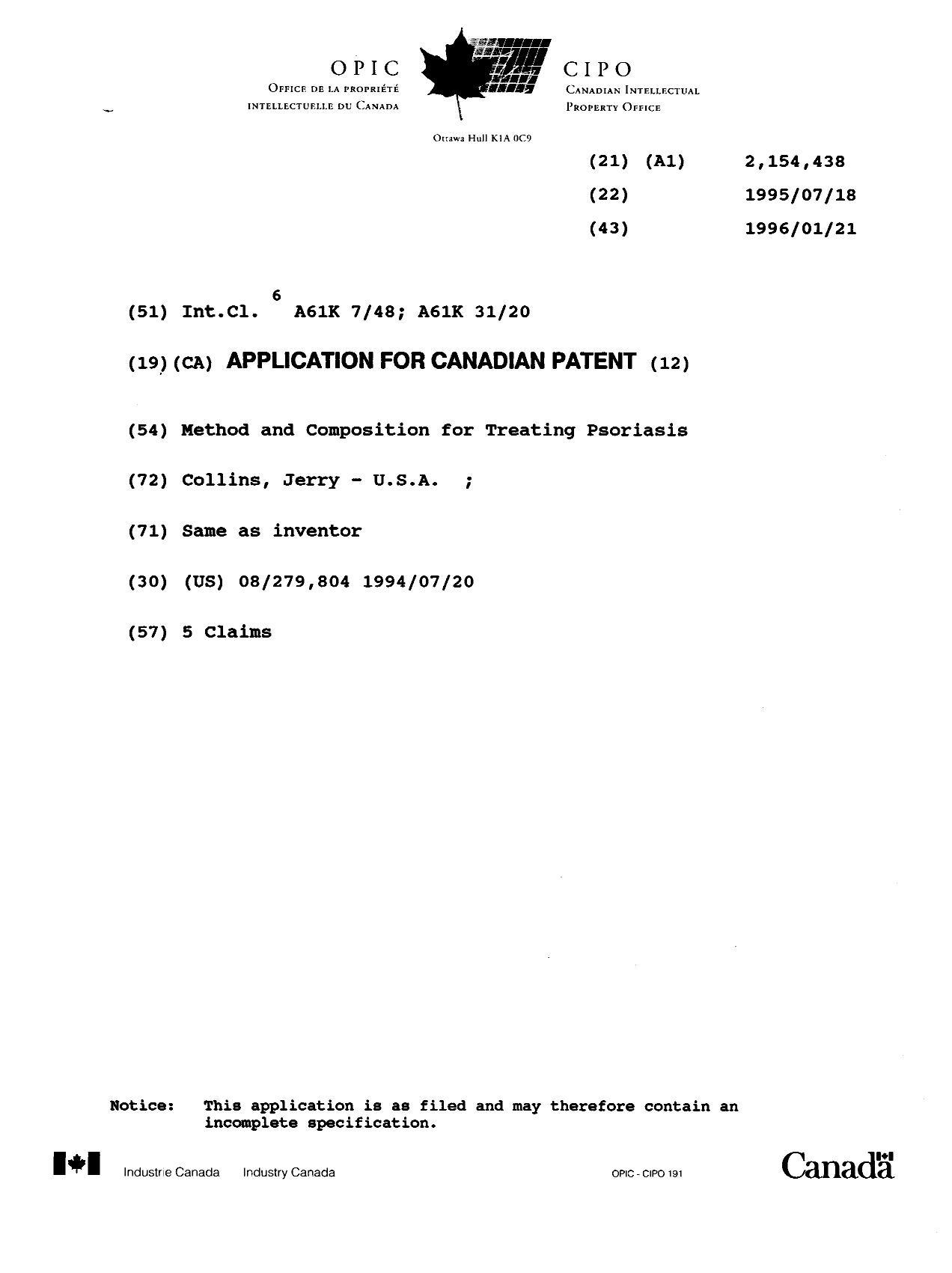 Document de brevet canadien 2154438. Page couverture 19960313. Image 1 de 1