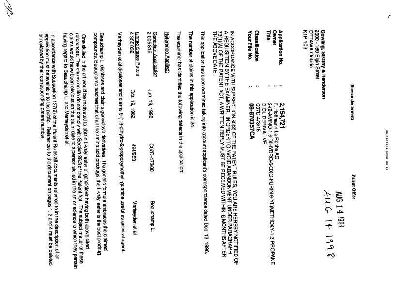 Canadian Patent Document 2154721. Prosecution-Amendment 19971214. Image 1 of 2