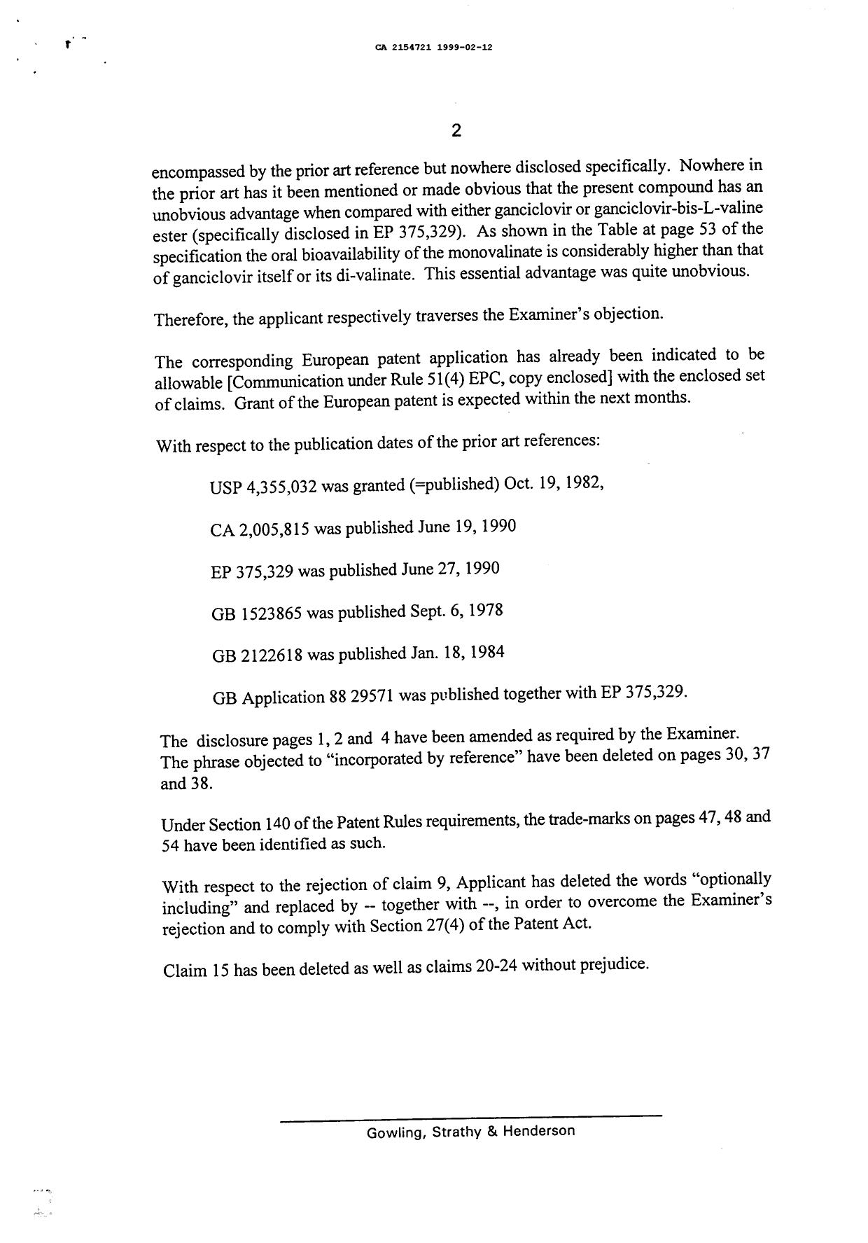 Document de brevet canadien 2154721. Poursuite-Amendment 19981212. Image 2 de 8