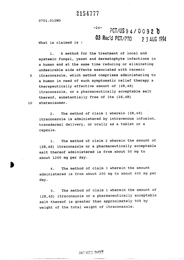 Document de brevet canadien 2154777. Revendications 19940804. Image 1 de 3