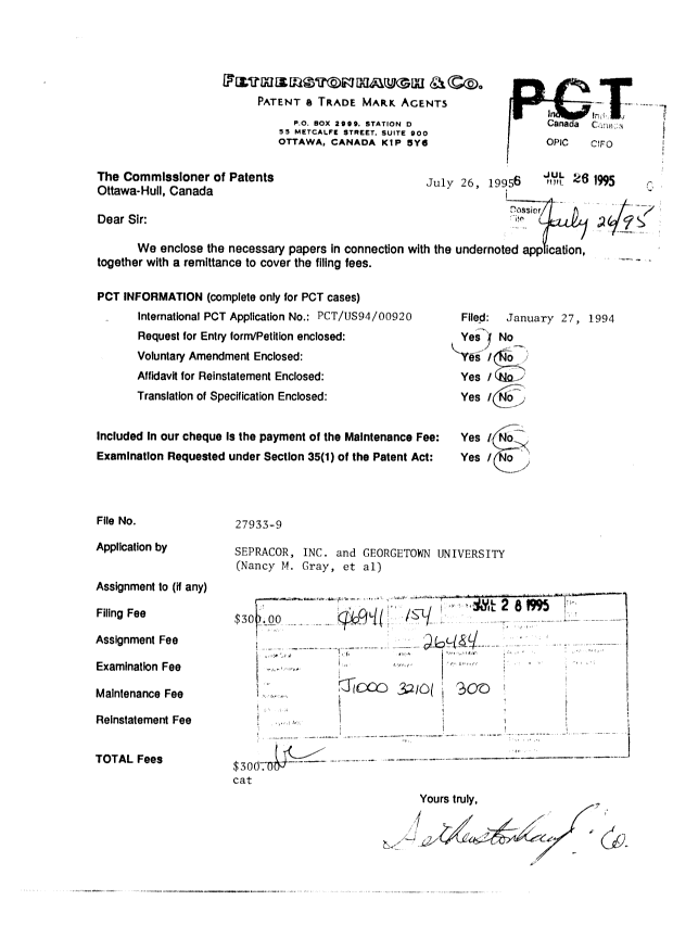 Document de brevet canadien 2154777. Cession 19950726. Image 1 de 13