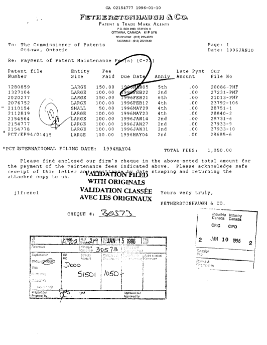 Document de brevet canadien 2154777. Taxes 19960110. Image 1 de 1