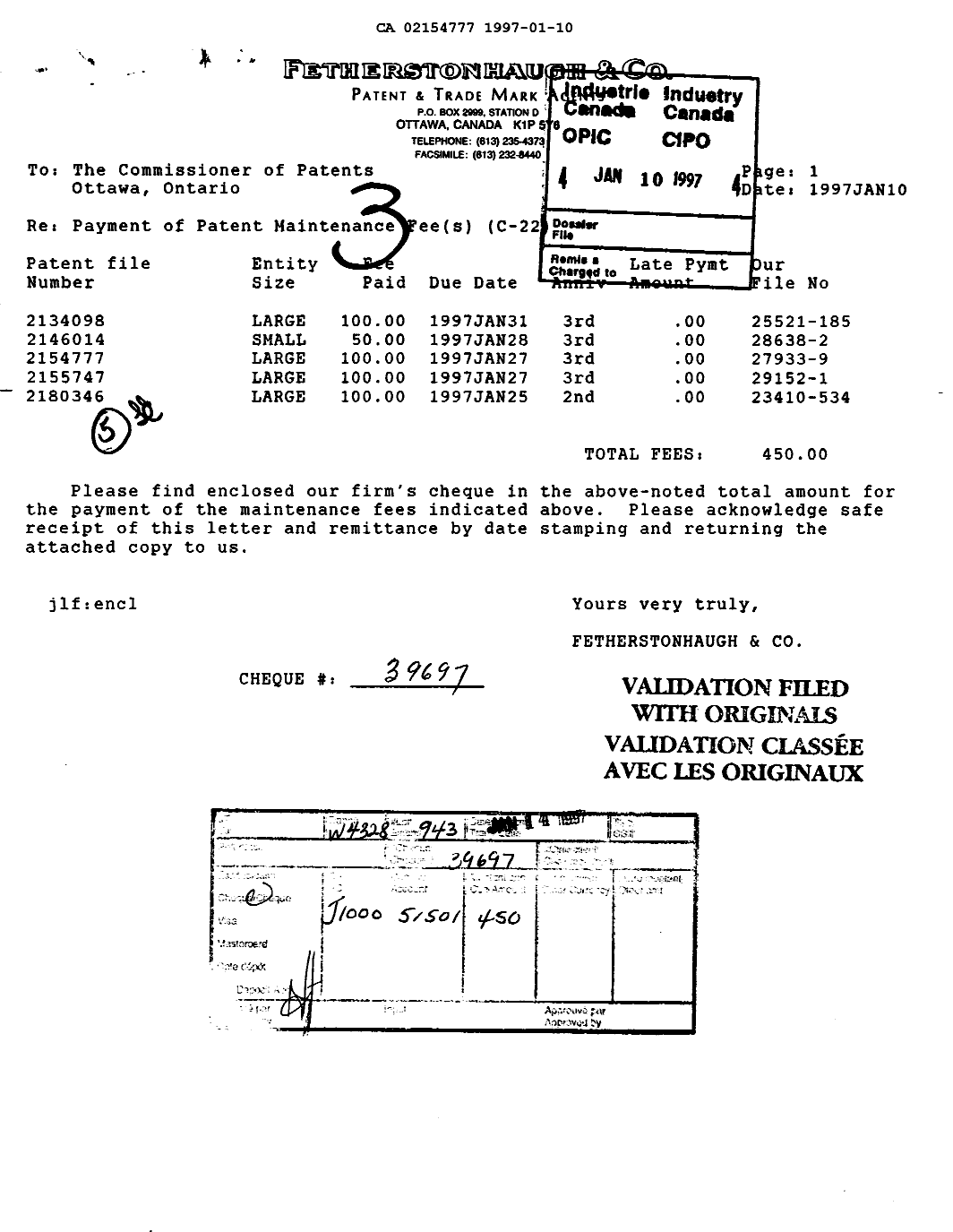 Canadian Patent Document 2154777. Fees 19970110. Image 1 of 1