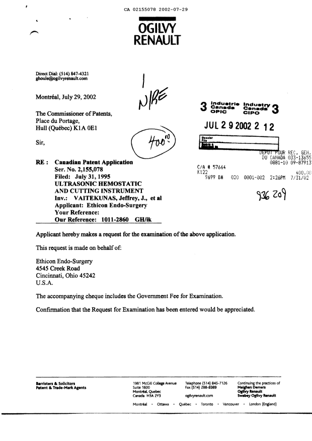Canadian Patent Document 2155078. Prosecution-Amendment 20020729. Image 1 of 2