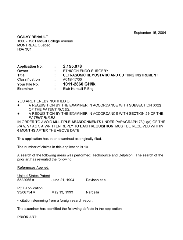 Canadian Patent Document 2155078. Prosecution-Amendment 20040915. Image 1 of 3