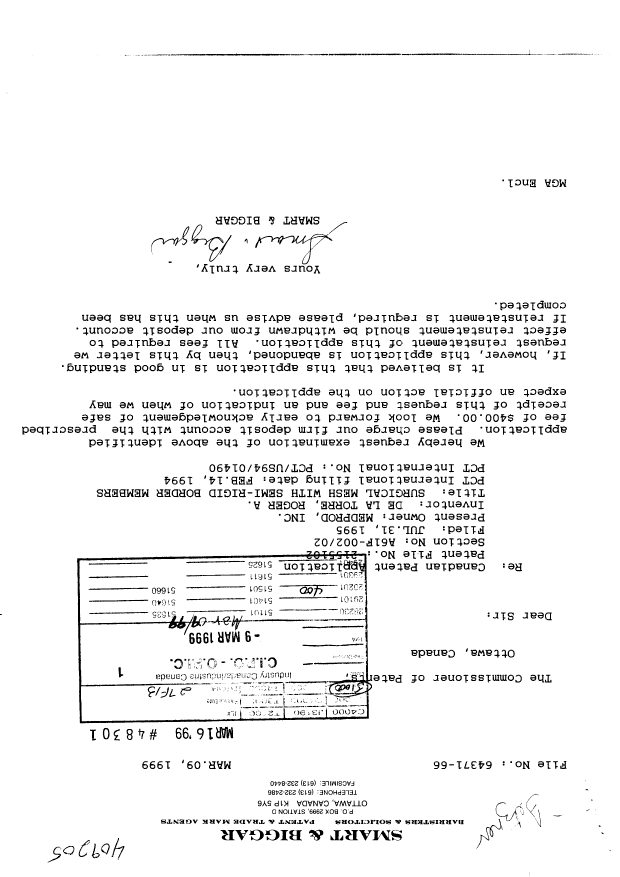 Canadian Patent Document 2155102. Prosecution-Amendment 19990309. Image 1 of 1