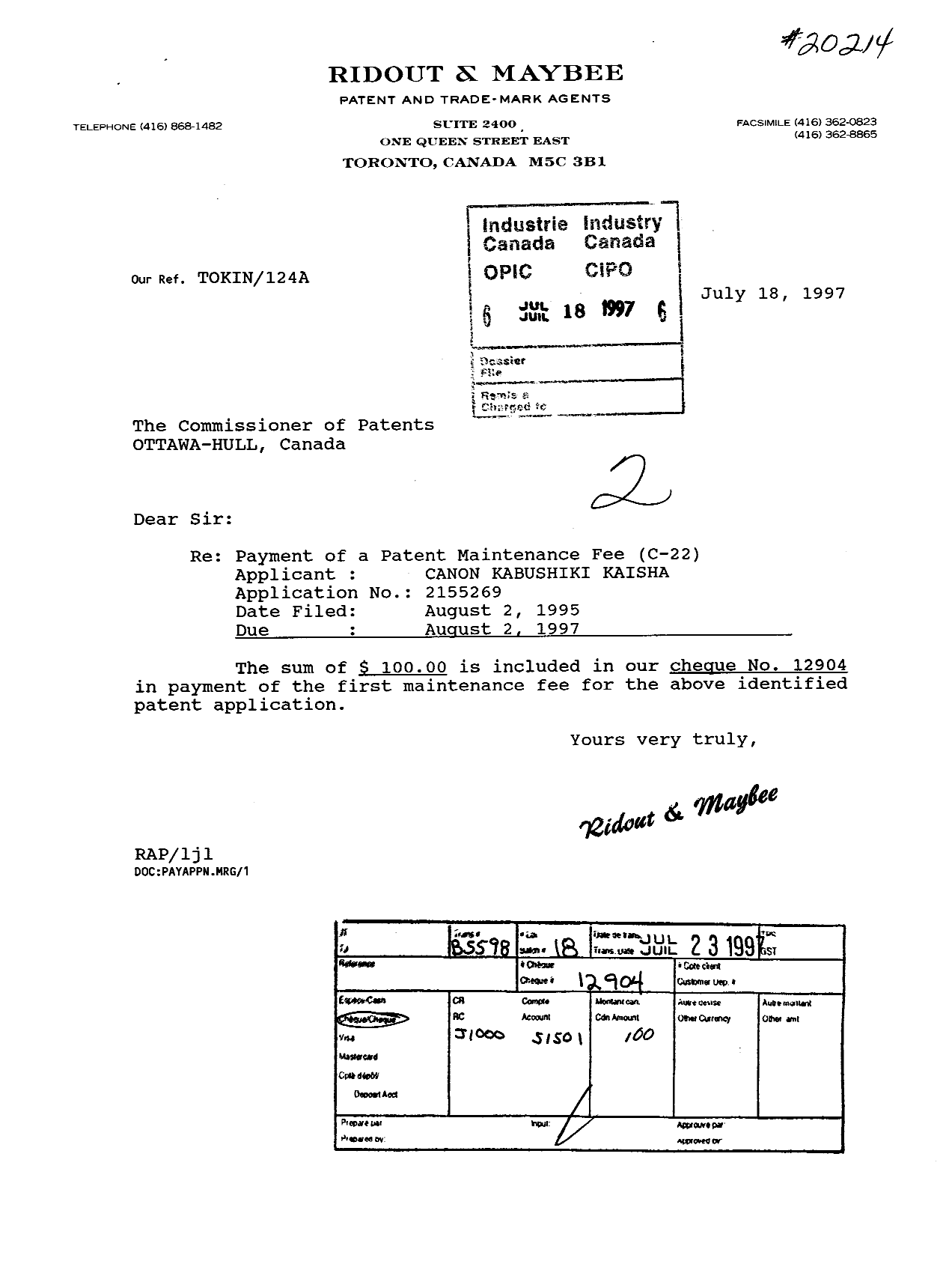 Document de brevet canadien 2155269. Taxes 19970718. Image 1 de 1