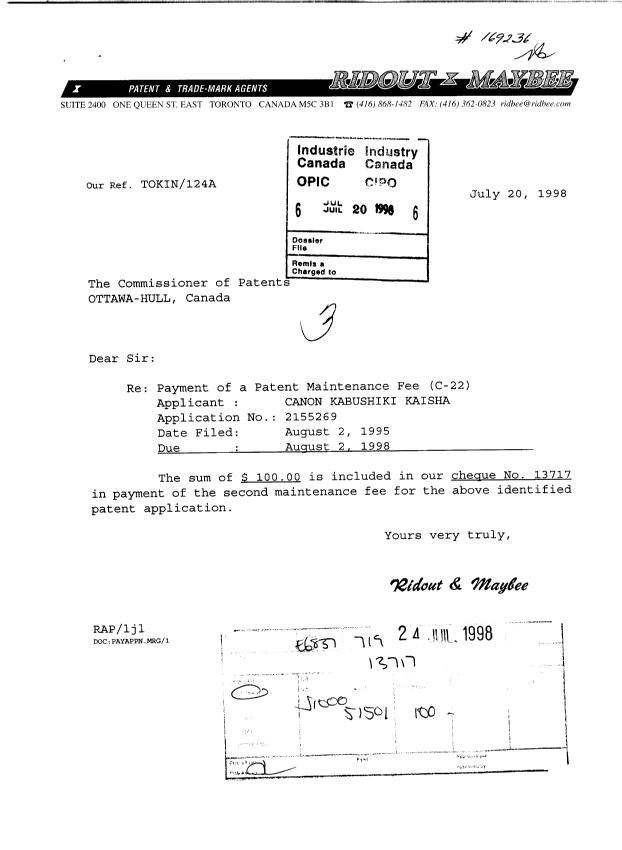 Canadian Patent Document 2155269. Fees 19980720. Image 1 of 1