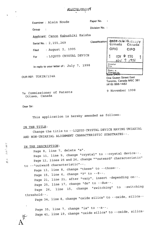 Document de brevet canadien 2155269. Correspondance de la poursuite 19981109. Image 1 de 7