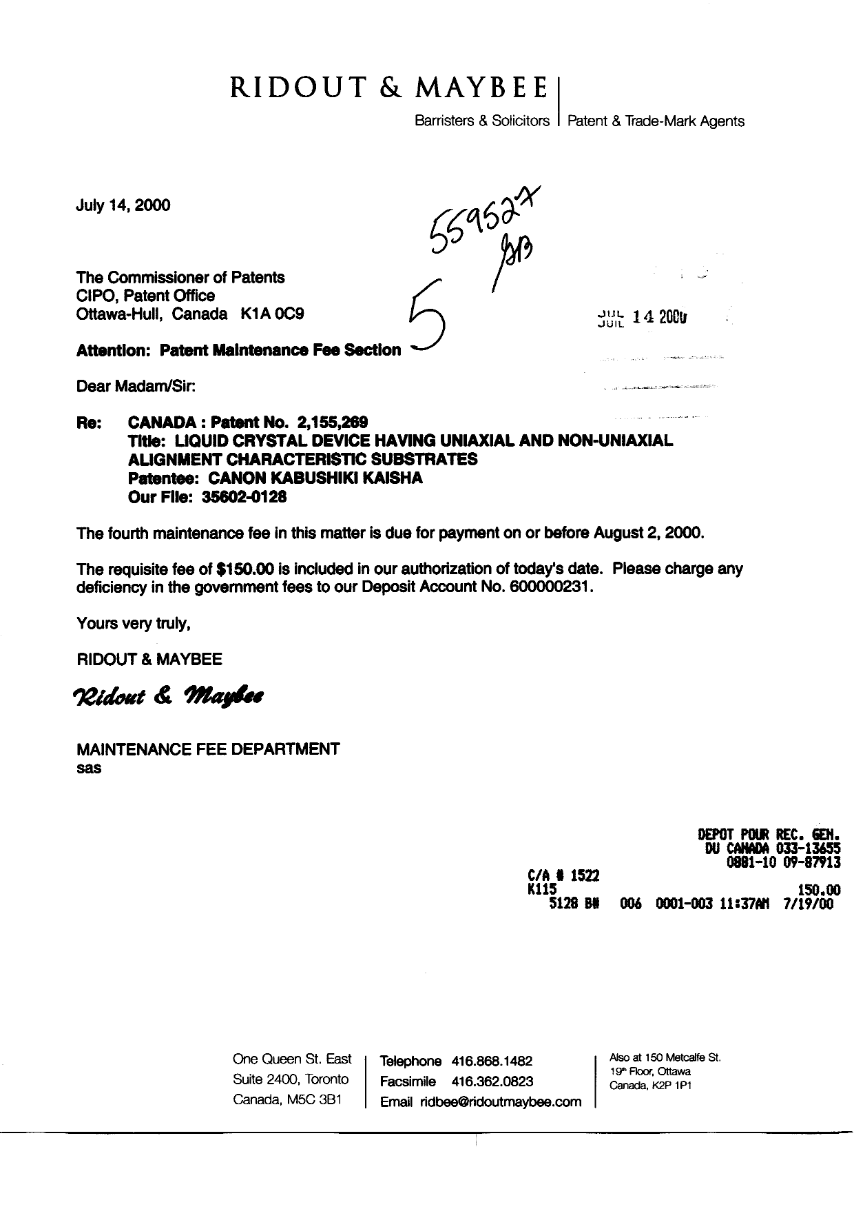 Document de brevet canadien 2155269. Taxes 20000714. Image 1 de 1