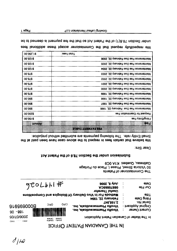 Canadian Patent Document 2155947. Prosecution-Amendment 20060705. Image 1 of 2