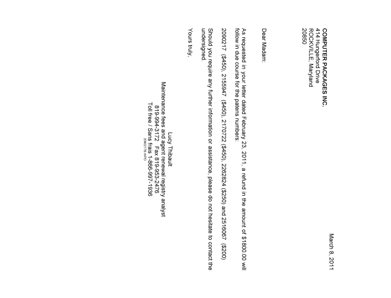 Document de brevet canadien 2155947. Correspondance 20110308. Image 1 de 1