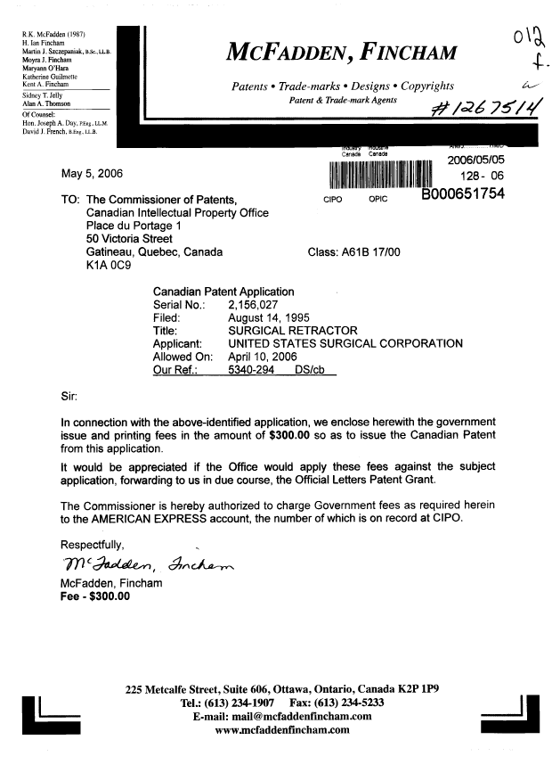 Document de brevet canadien 2156027. Correspondance 20051205. Image 1 de 1