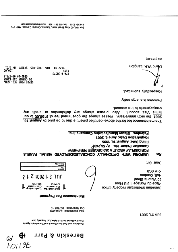 Canadian Patent Document 2156240. Fees 20010731. Image 1 of 1