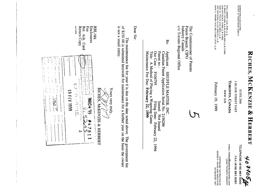 Document de brevet canadien 2156286. Taxes 19990219. Image 1 de 1