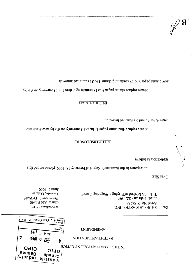 Canadian Patent Document 2156286. Prosecution-Amendment 19990609. Image 1 of 22