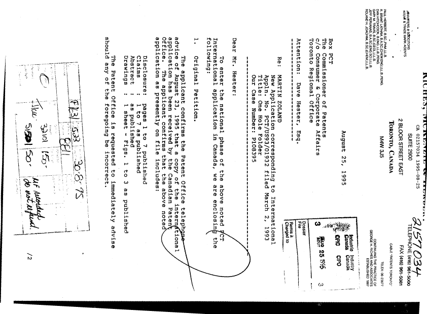 Document de brevet canadien 2157034. Taxes 19950825. Image 1 de 1