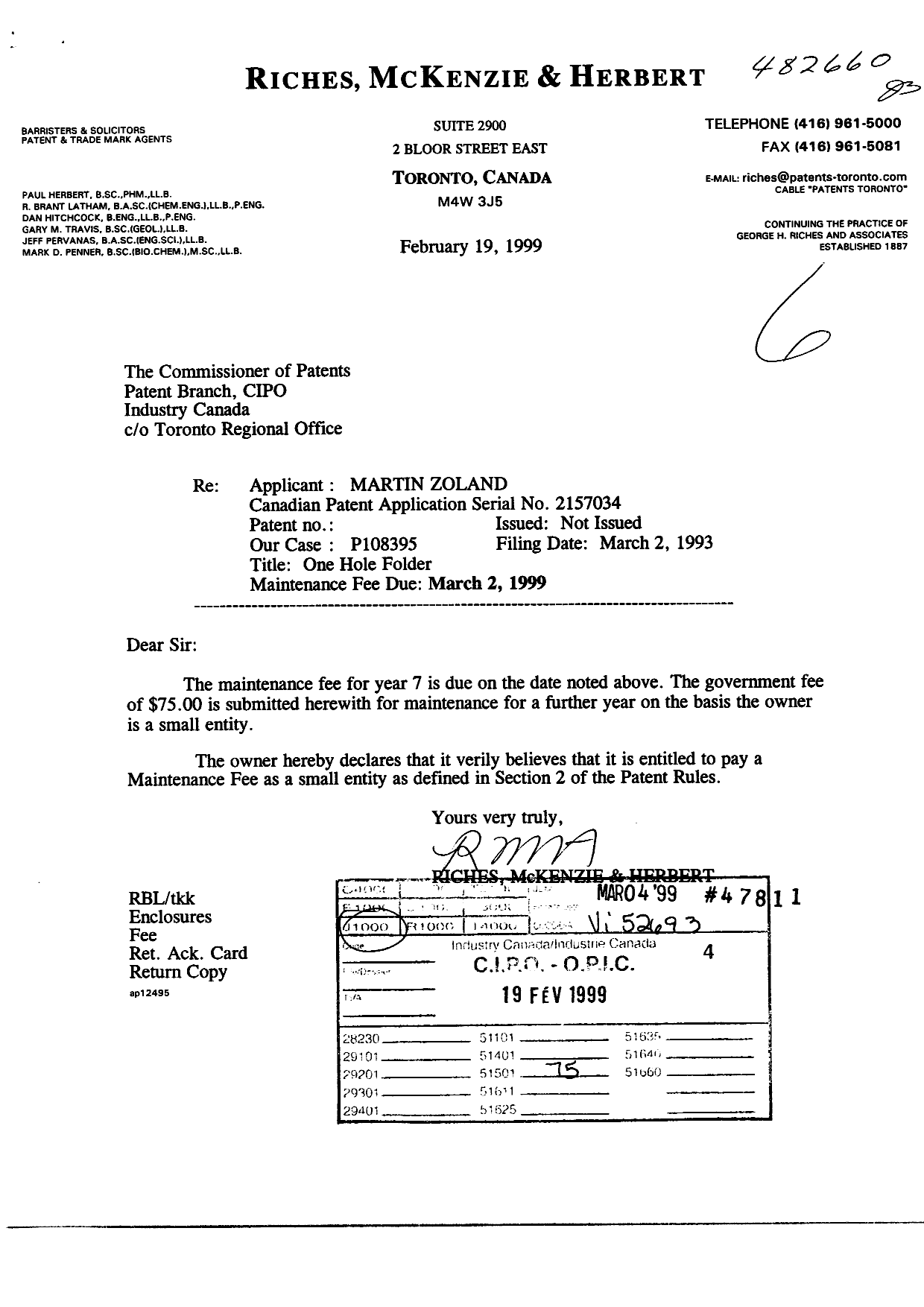 Document de brevet canadien 2157034. Taxes 19990219. Image 1 de 1