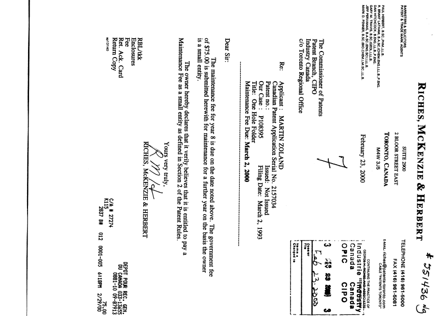 Document de brevet canadien 2157034. Taxes 20000223. Image 1 de 1