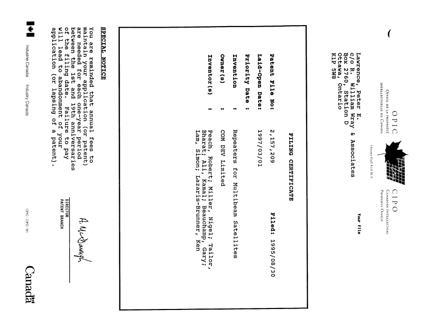 Canadian Patent Document 2157209. Assignment 19950830. Image 10 of 10
