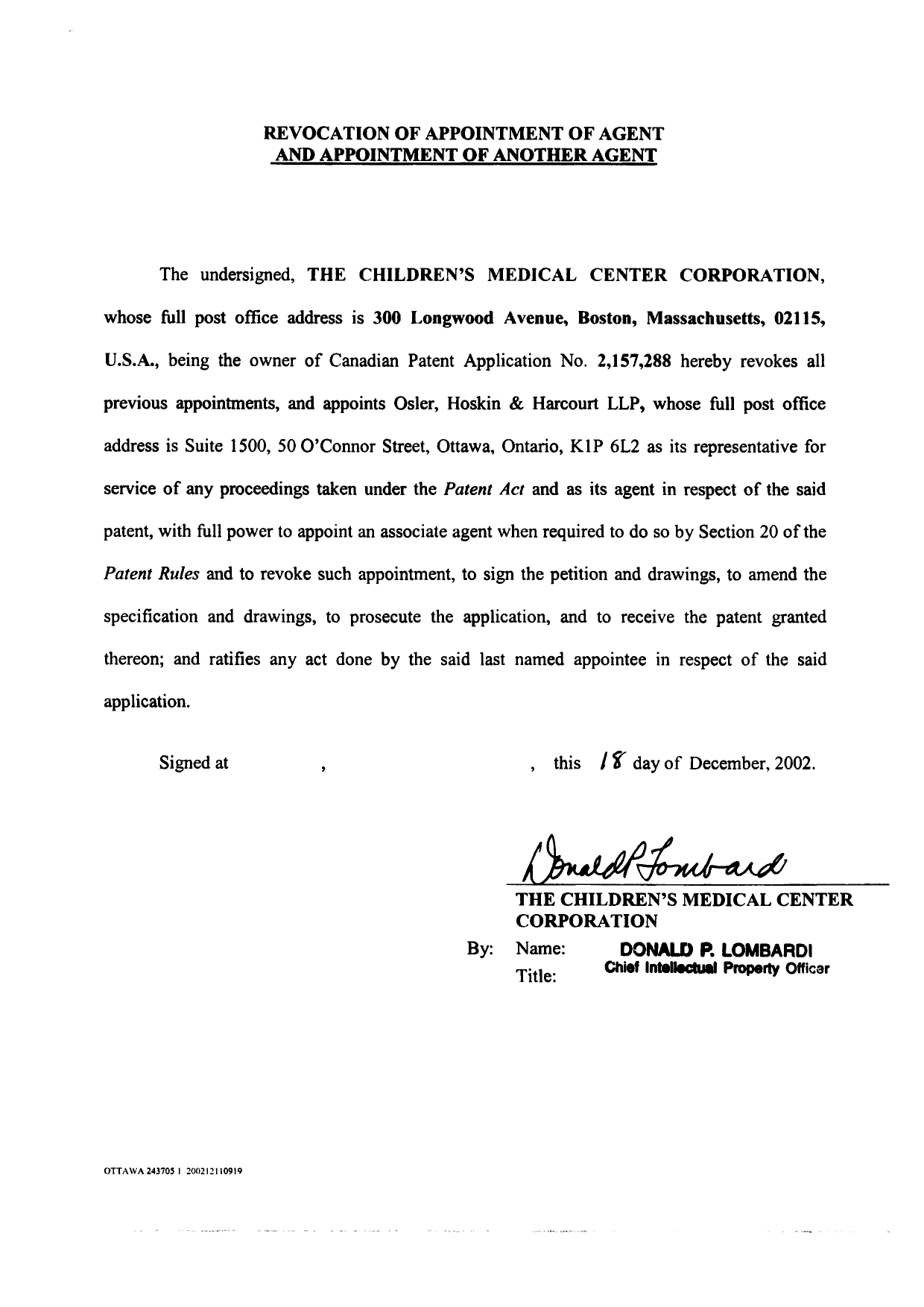 Canadian Patent Document 2157288. Correspondence 20030116. Image 2 of 2