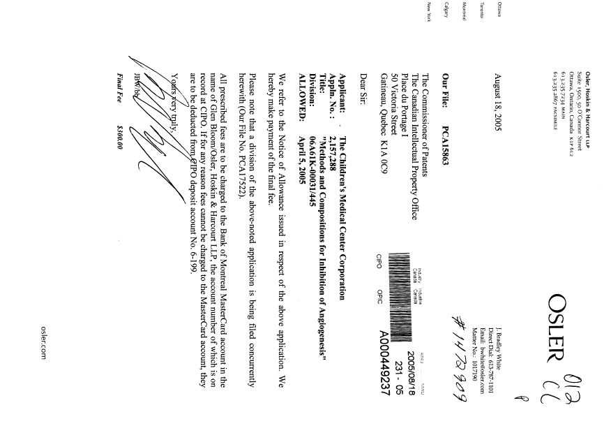 Document de brevet canadien 2157288. Correspondance 20050818. Image 1 de 1