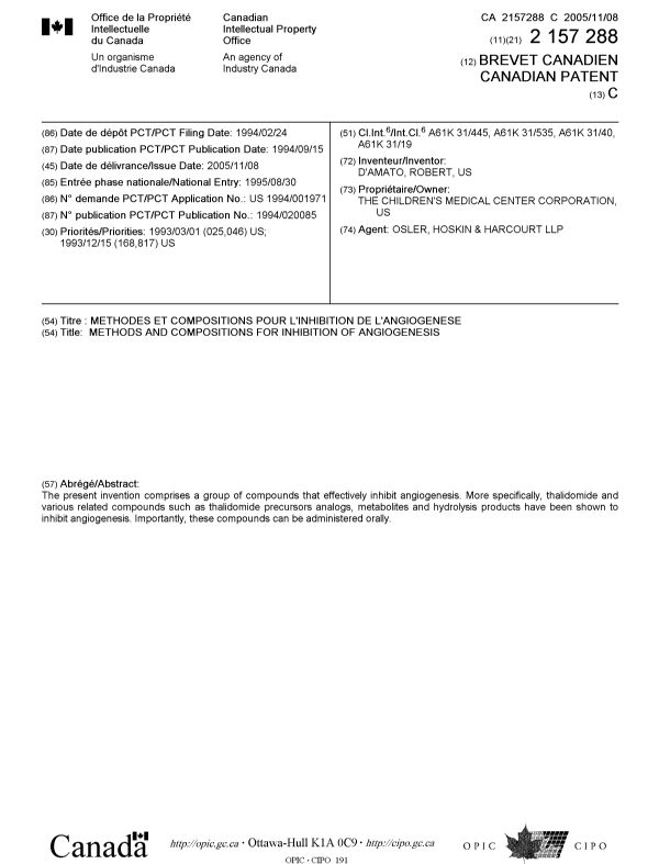 Document de brevet canadien 2157288. Page couverture 20051012. Image 1 de 1
