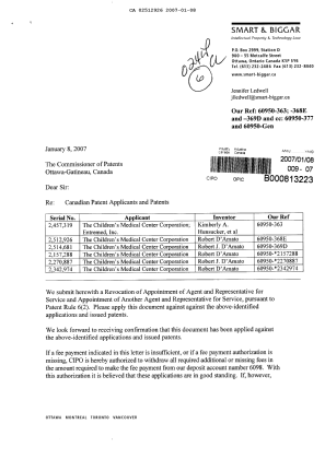 Canadian Patent Document 2157288. Correspondence 20070108. Image 1 of 4