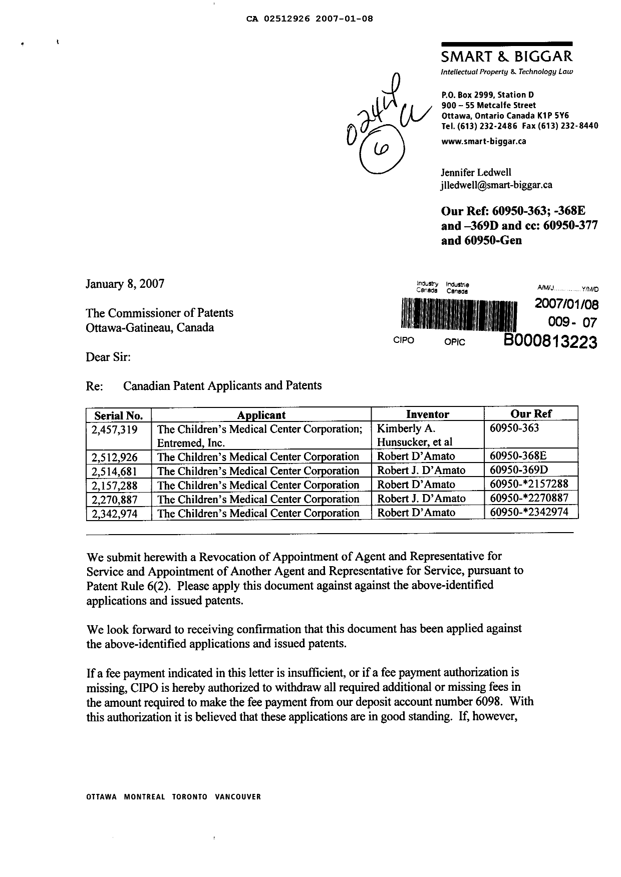 Document de brevet canadien 2157288. Correspondance 20070108. Image 1 de 4