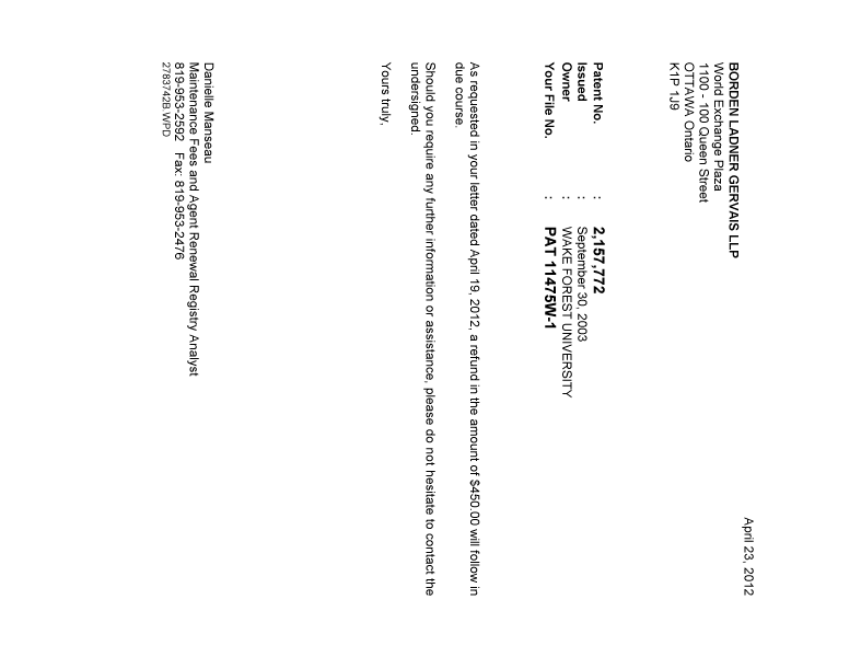 Document de brevet canadien 2157772. Correspondance 20120423. Image 1 de 1
