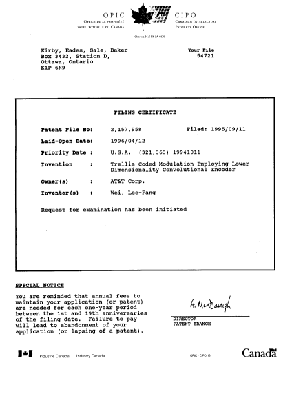 Document de brevet canadien 2157958. Cession 19950911. Image 8 de 8