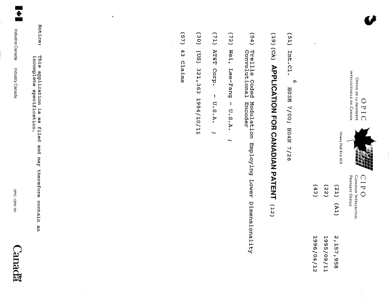 Document de brevet canadien 2157958. Page couverture 19960723. Image 1 de 1