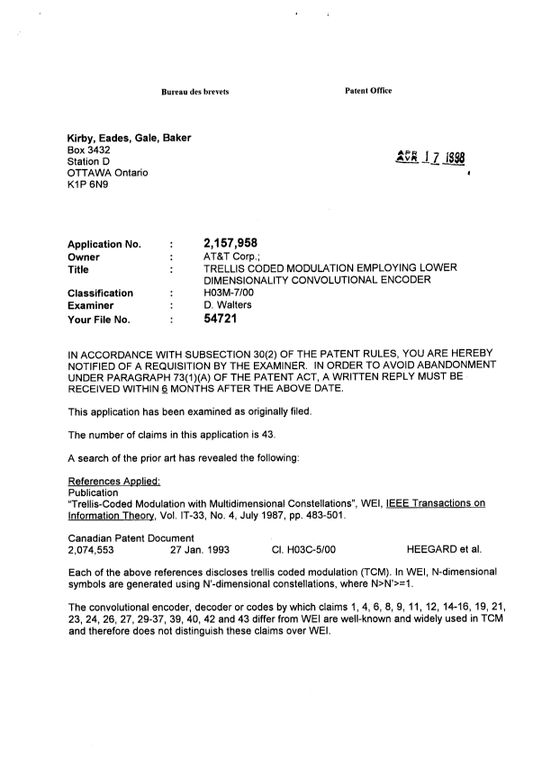Canadian Patent Document 2157958. Prosecution-Amendment 19980417. Image 1 of 2