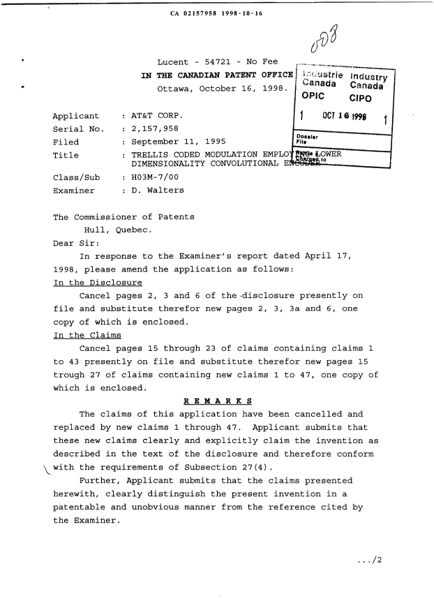 Canadian Patent Document 2157958. Prosecution-Amendment 19981016. Image 1 of 22