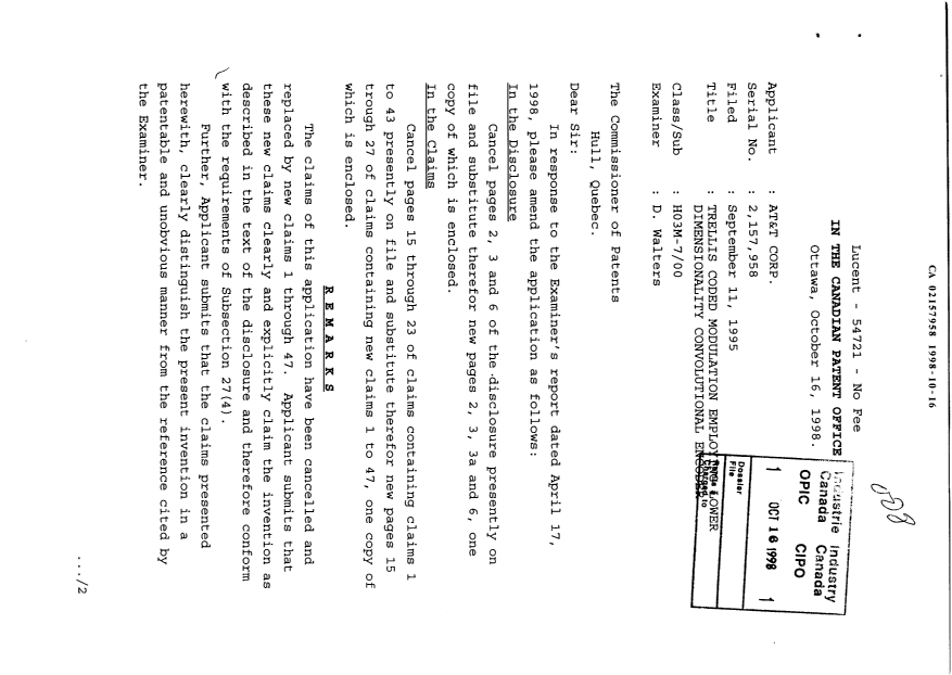 Document de brevet canadien 2157958. Poursuite-Amendment 19981016. Image 1 de 22