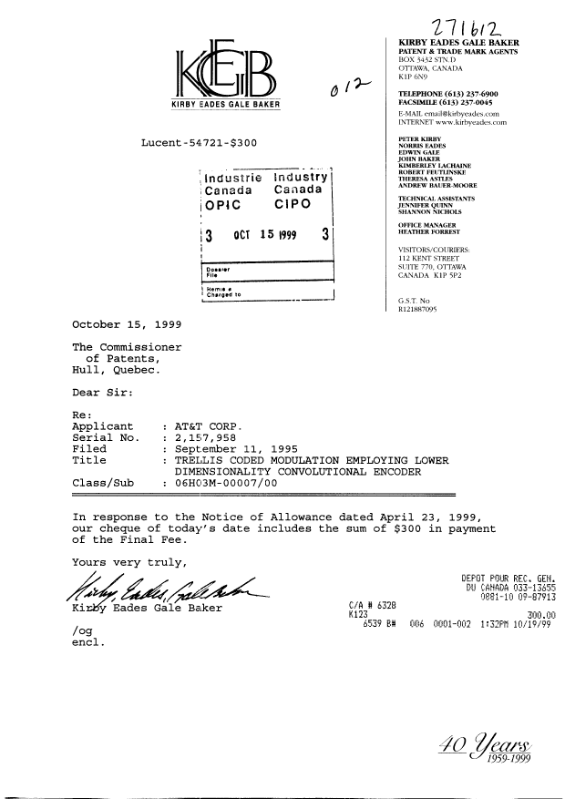 Canadian Patent Document 2157958. Correspondence 19991015. Image 1 of 1