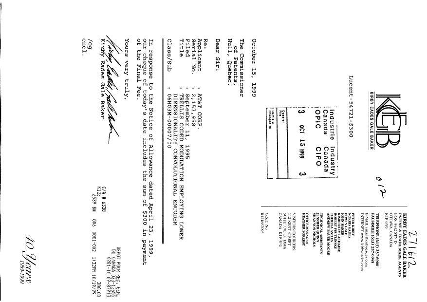 Document de brevet canadien 2157958. Correspondance 19991015. Image 1 de 1