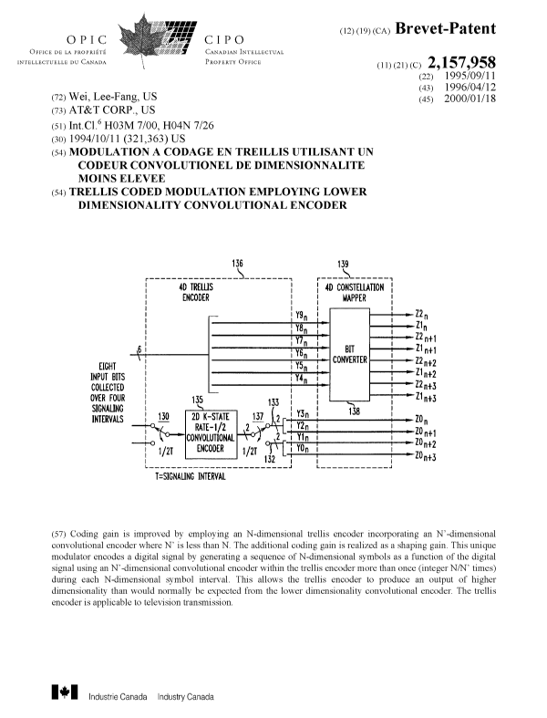 Document de brevet canadien 2157958. Page couverture 20000111. Image 1 de 1