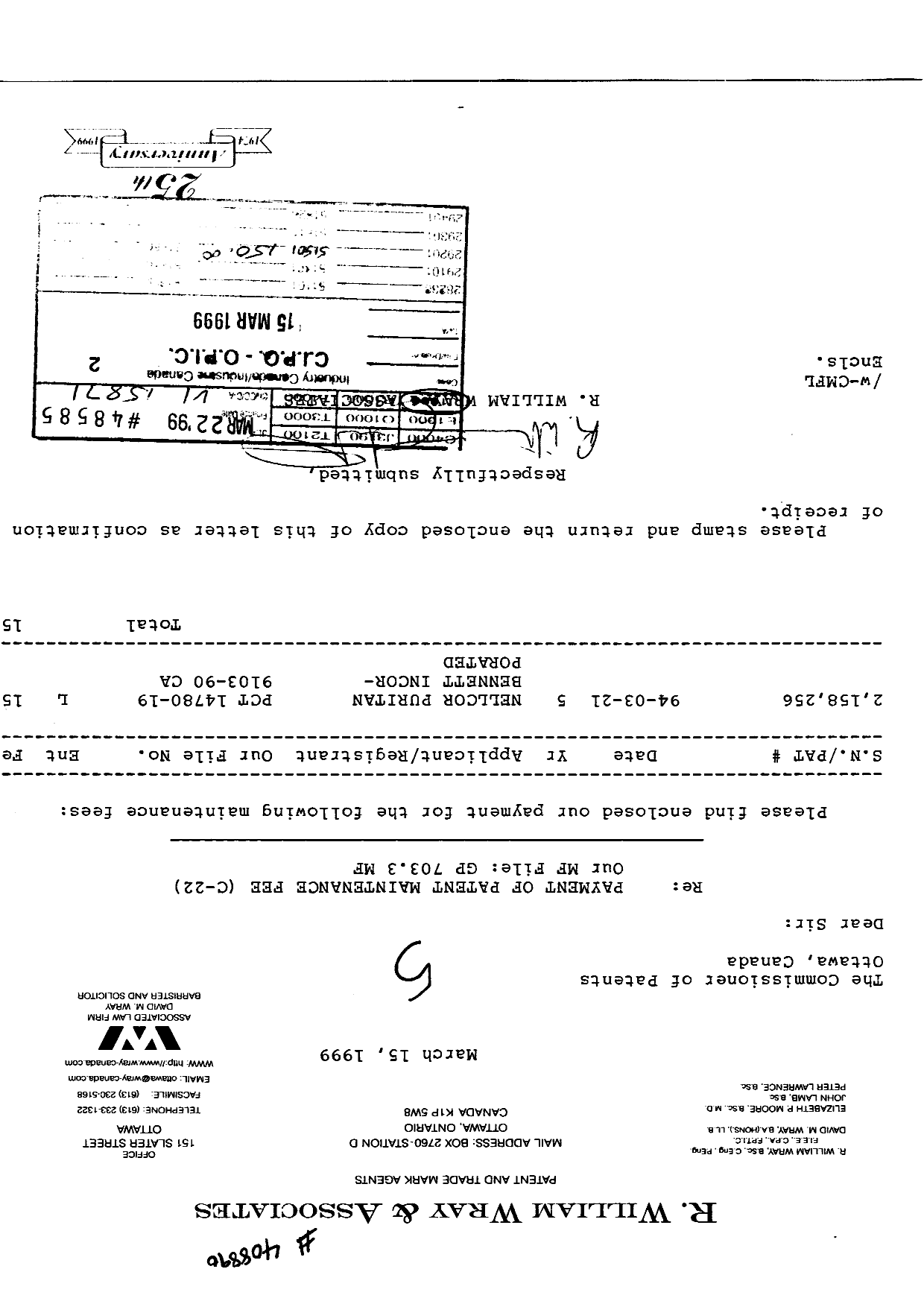 Canadian Patent Document 2158256. Fees 19981215. Image 1 of 1