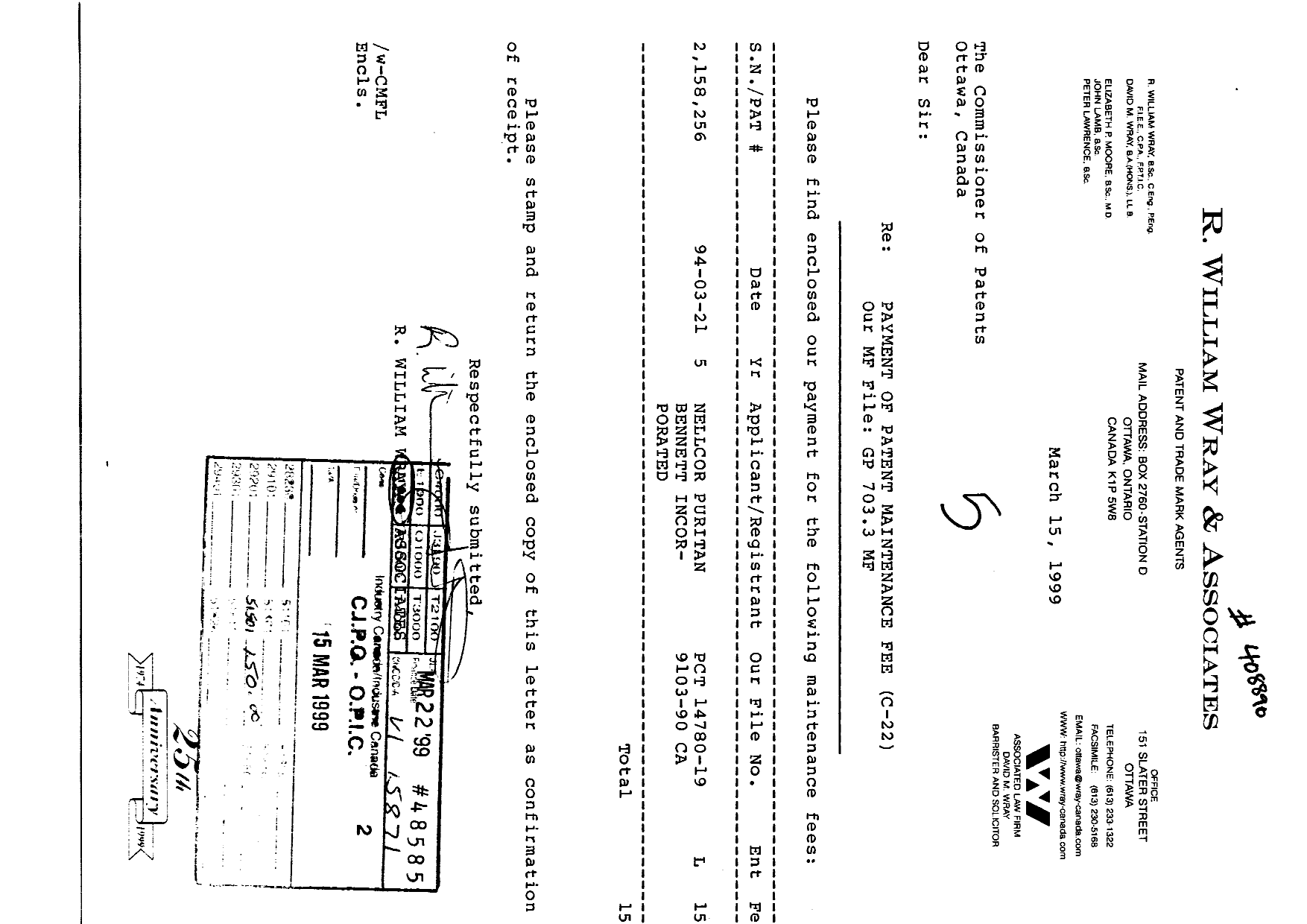 Document de brevet canadien 2158256. Taxes 19981215. Image 1 de 1